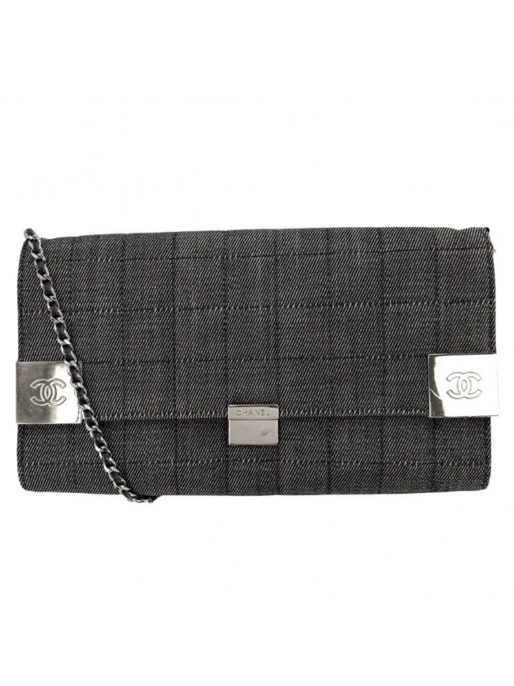 Chanel Shoulder Bag Chain Choco Bar CC Logo Coco Denim Gray Silver